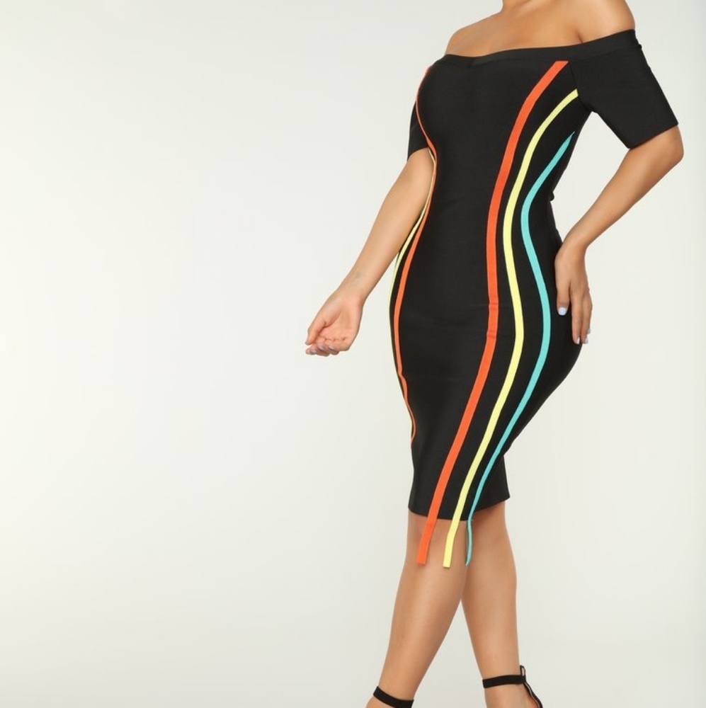 NWT black bandage dress with multi color stripes - Picture 3 of 3
